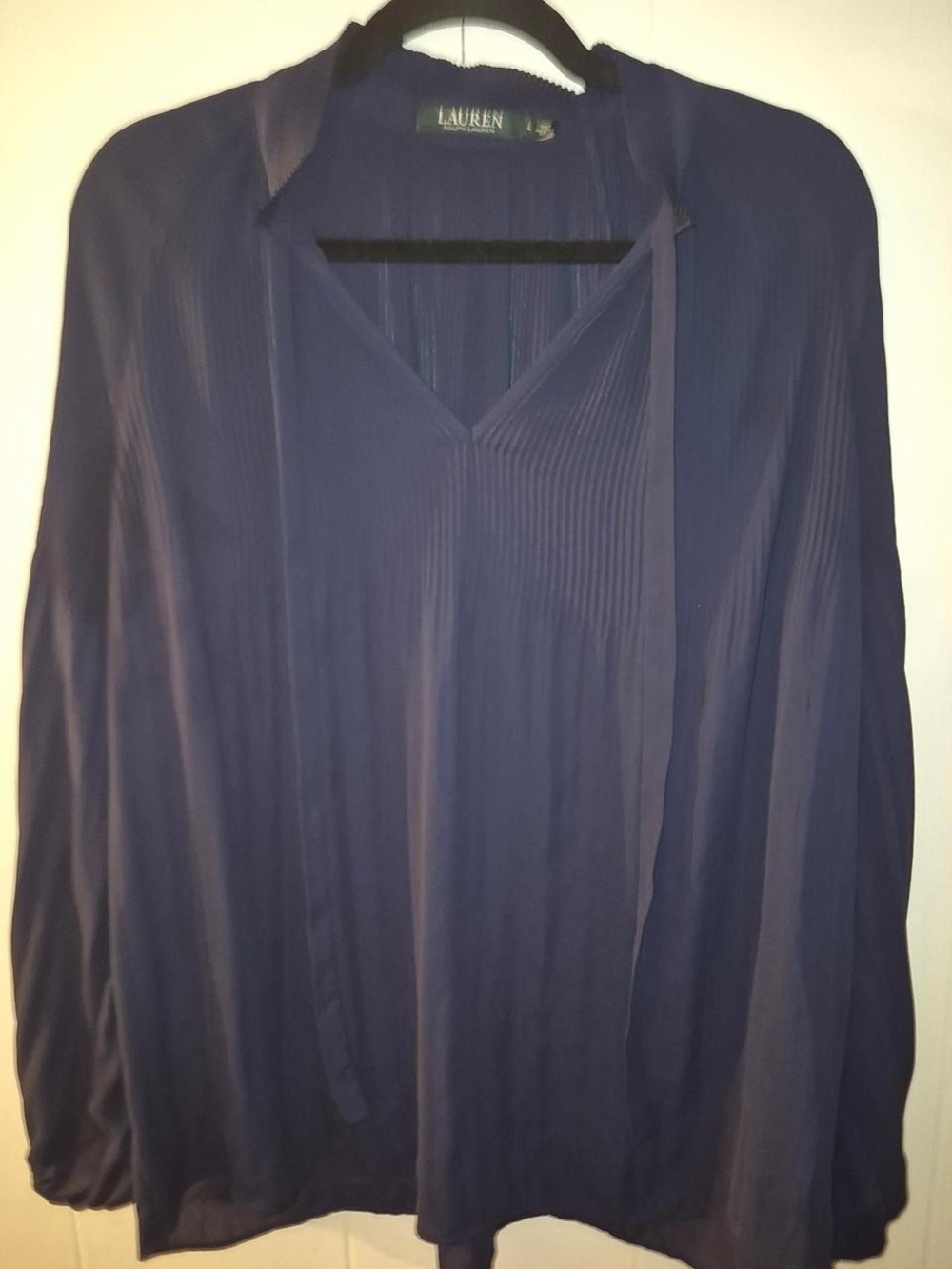 Lauren Ralph Lauren Deep Navy V-Neck Blouse with Neck Tie